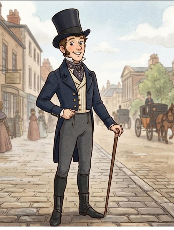 Cartoon of Willy, the WBA’s character, in a top hat, tailcoat and boots, leaning on a cane on a cobbled street